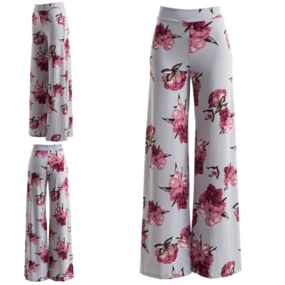 Fashionomics Pants - Wide Leg HIgh Waist Rose Print Palazzo Pants in Grey sz Small
